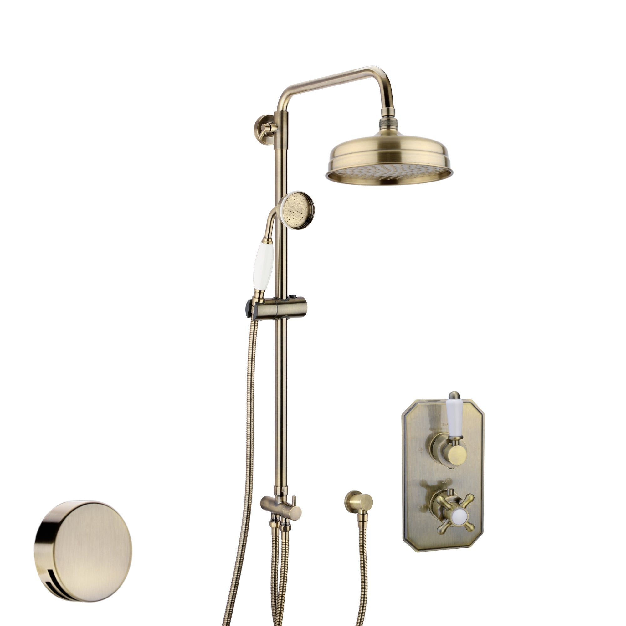 Regent thermostatic concealed shower mixer valve with dual rigid riser kit and bath filler waste & overflow - antique brass